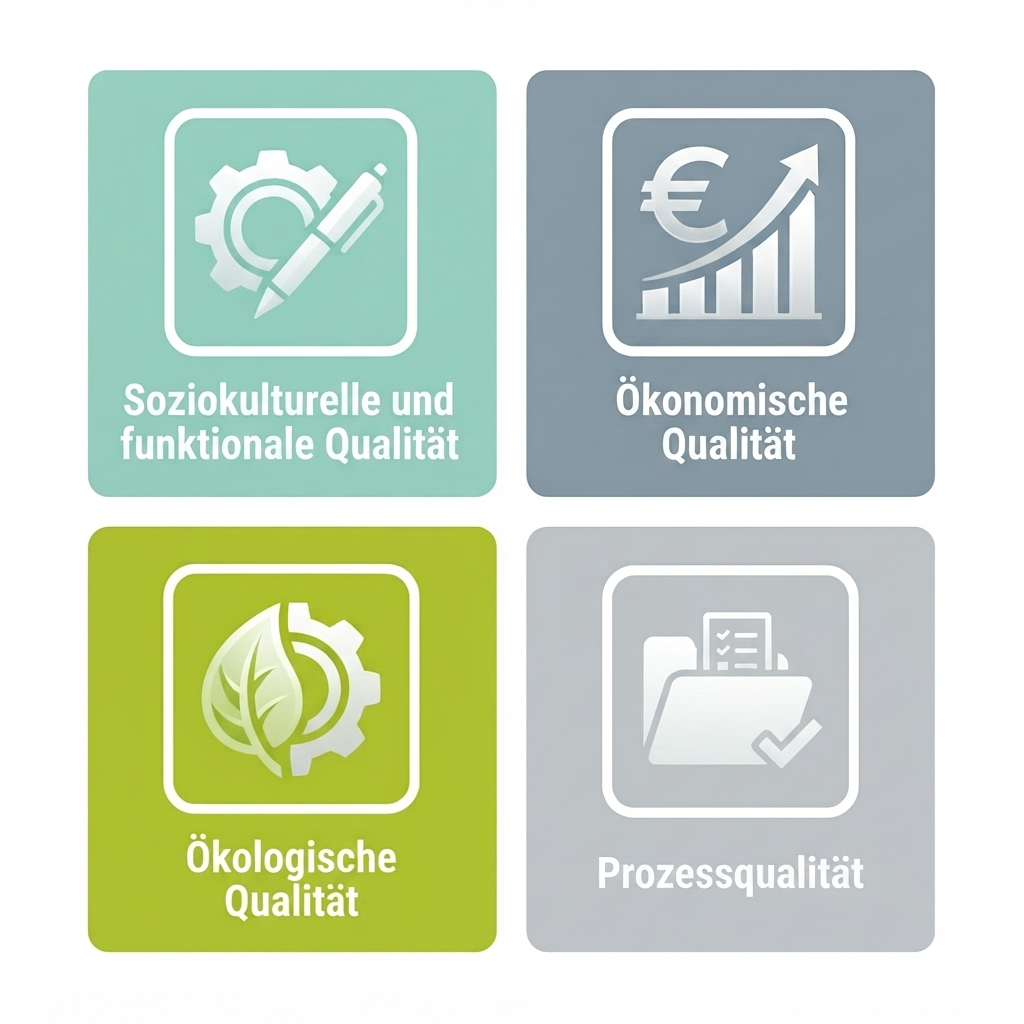 Diagram of the four quality areas of the BNK and BNG certification system for sustainable buildings: environmental quality, economic quality, sociocultural and functional quality, and process quality.